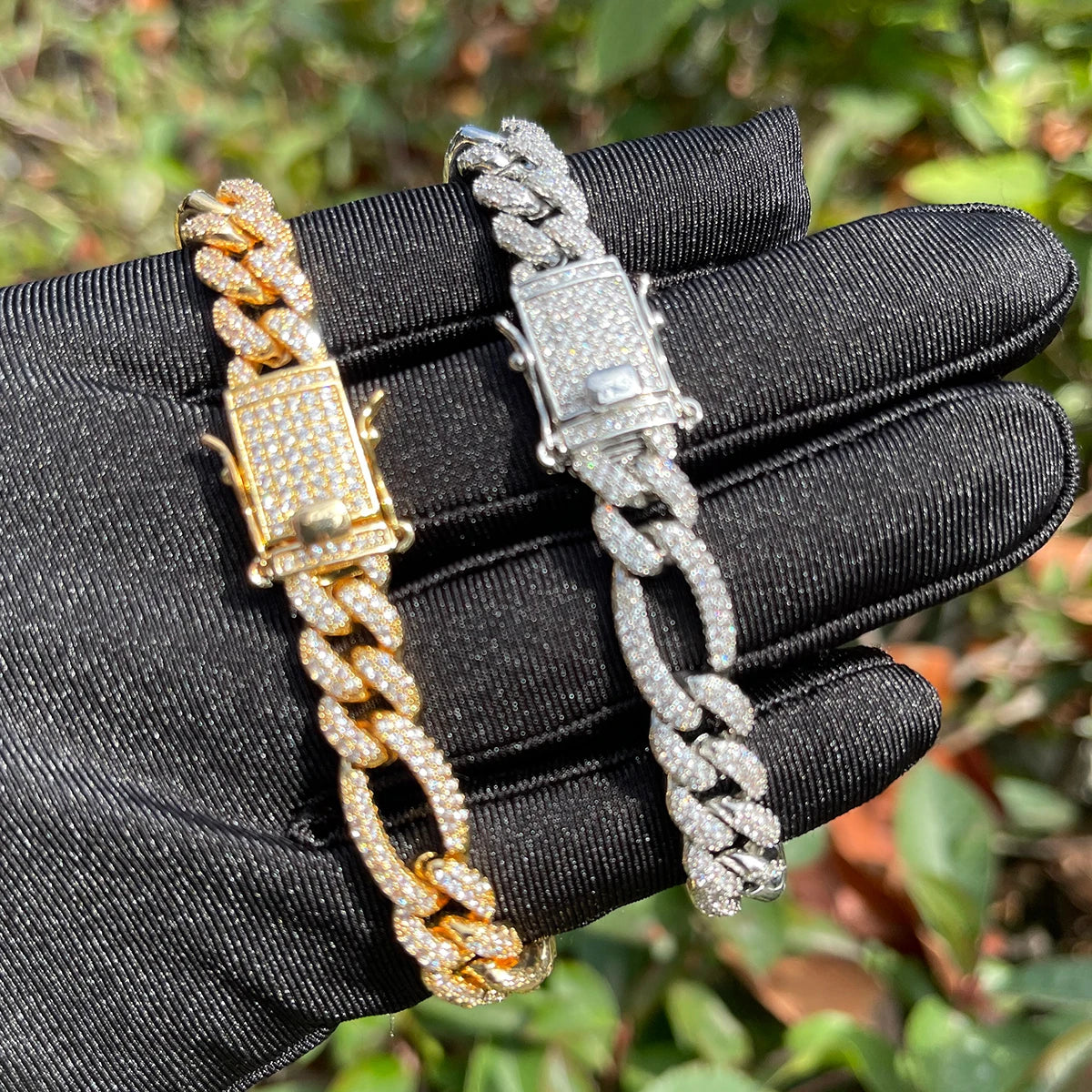 Bubble Letter Iced Out Figaro Bracelet for Women Prong Setting Real Gold Plated Hip Hop Jewelry