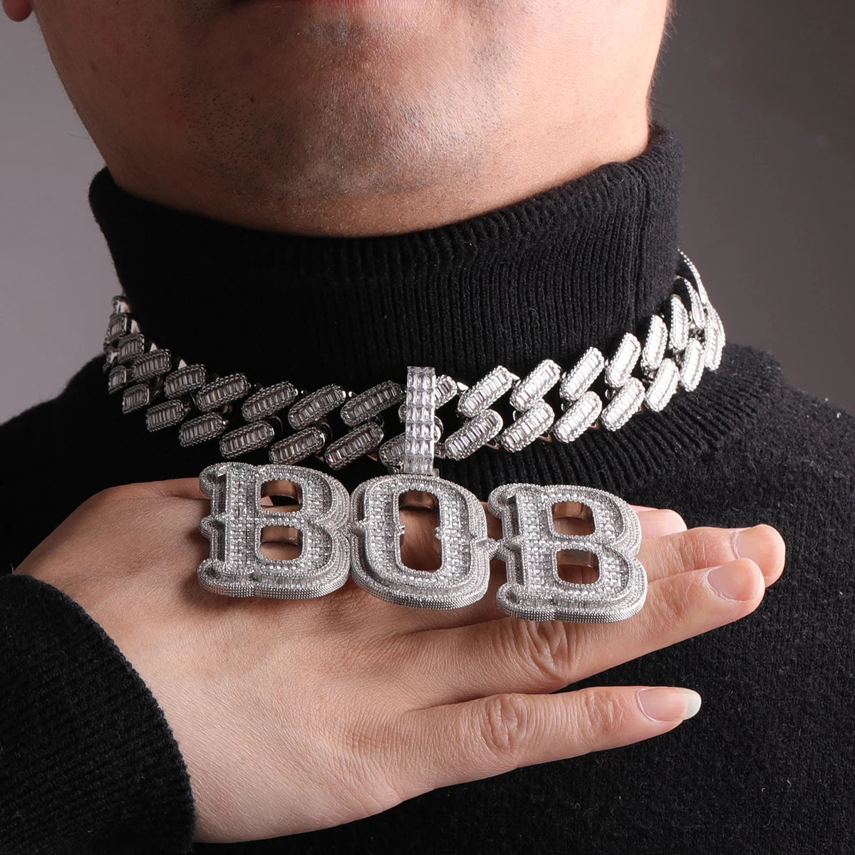 Bubble Letter Jewelry Personalized Name Plated Baguette Necklace Cursive Charms Bling 2022 Trend Best Selling Items