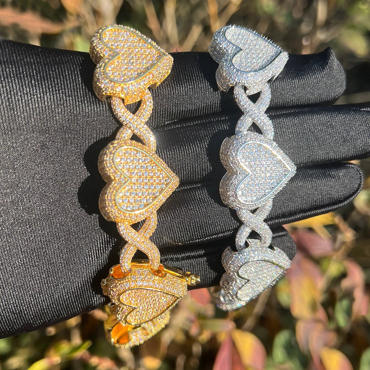 Bubble Letter Iced Out Heart Infinity Cuban Link Bracelet for Women Cubic Zirconia Real Gold Plated Hip Hop Jewelry