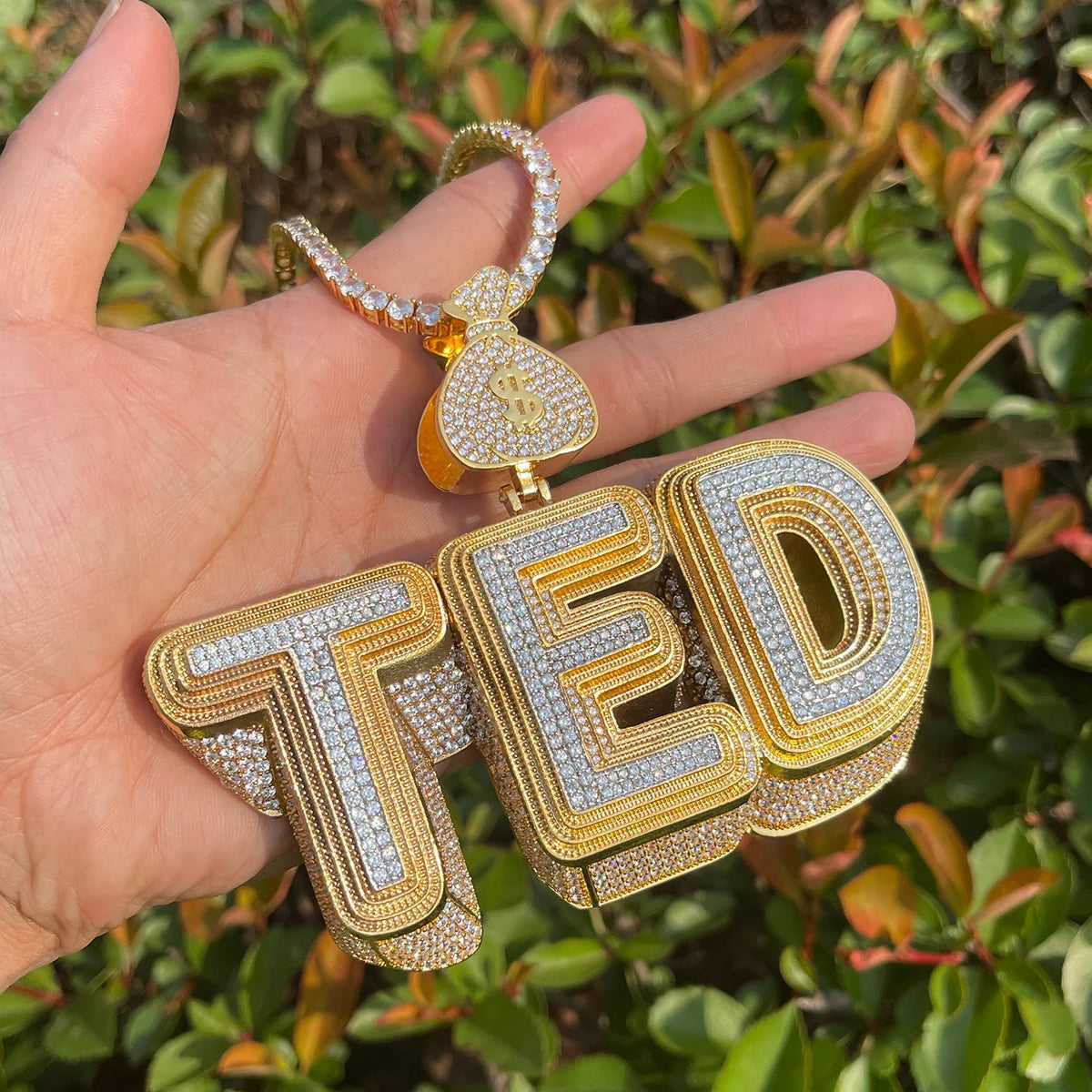 Bubble Letter Custom Name Necklace for Men Personalized Pendants Charms Money Bag Bail Hip Hop Jewelry