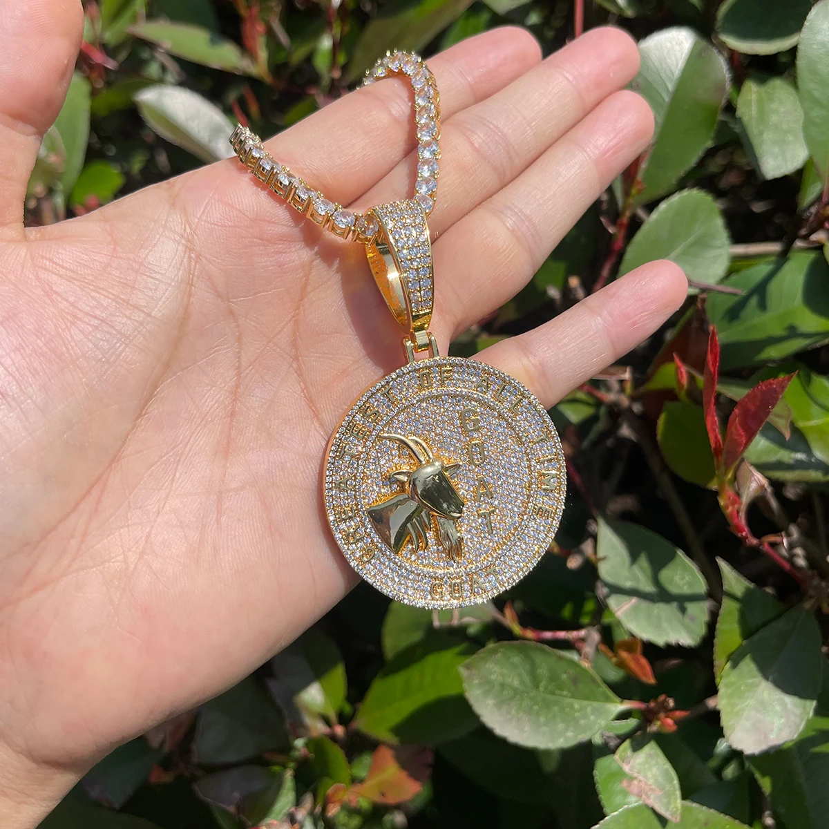 Bubble Letter Iced Out Goat Necklace Pendant for Men Real Copper Cubic Zirconia Gold Plated Hip Hop Jewelry