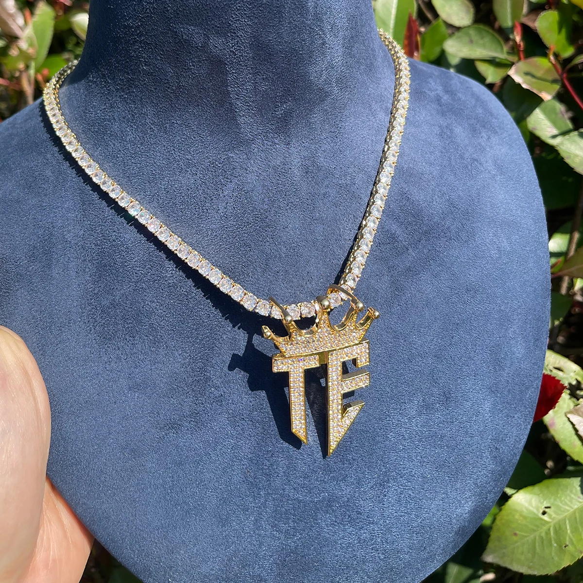Bubble Letter Iced Out TE Necklace Pendant for Women Prong Cubic Zirconia Real Gold Plated Hip Hop Jewelry