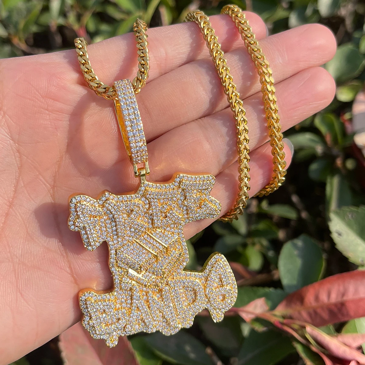 Bubble Letter Iced Out Free Bands Necklace Pendant for Men Real Gold Plated Cubic Zirconia Hip Hop Jewelry