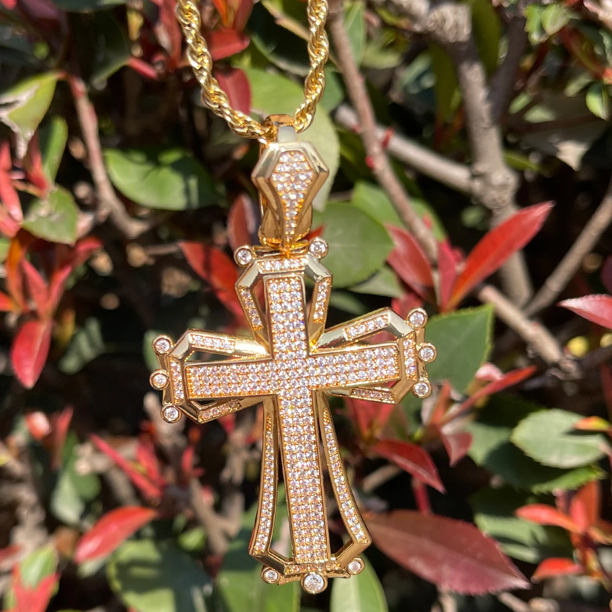 Bubble Letter Iced Out Cross for Men Cubic Zirconia Prong Setting Hollow Shape Real Gold Plated Hip Hop Jewelry 2023 Trend