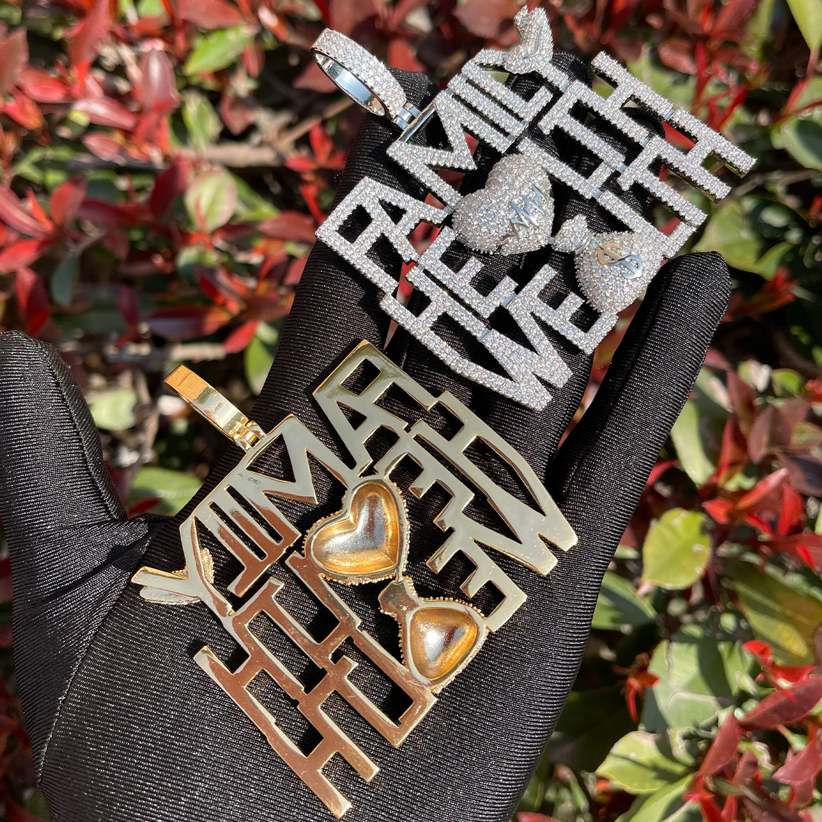 Bubble Letter Iced Out Pendant Family Health Wealth Necklace for Men Prong Setting Hip Hop Jewelry