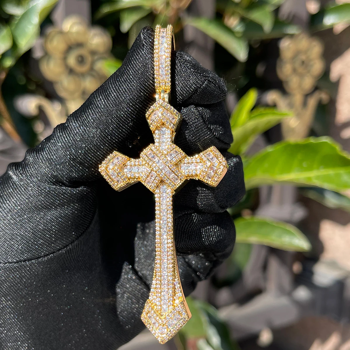 Bubble Letter Iced Out Cross Necklace for Men Baguette Pendant Prong Setting Real Gold Plated Copper Material Hip Hop Jewelry