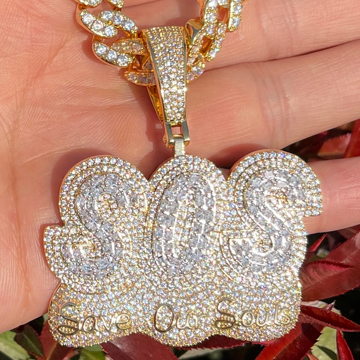 Bubble Letter Save Our Soul Pendant Iced Out Necklace for Men Prong Setting Real Copper Cubic Zirconia Hip Hop Jewelry