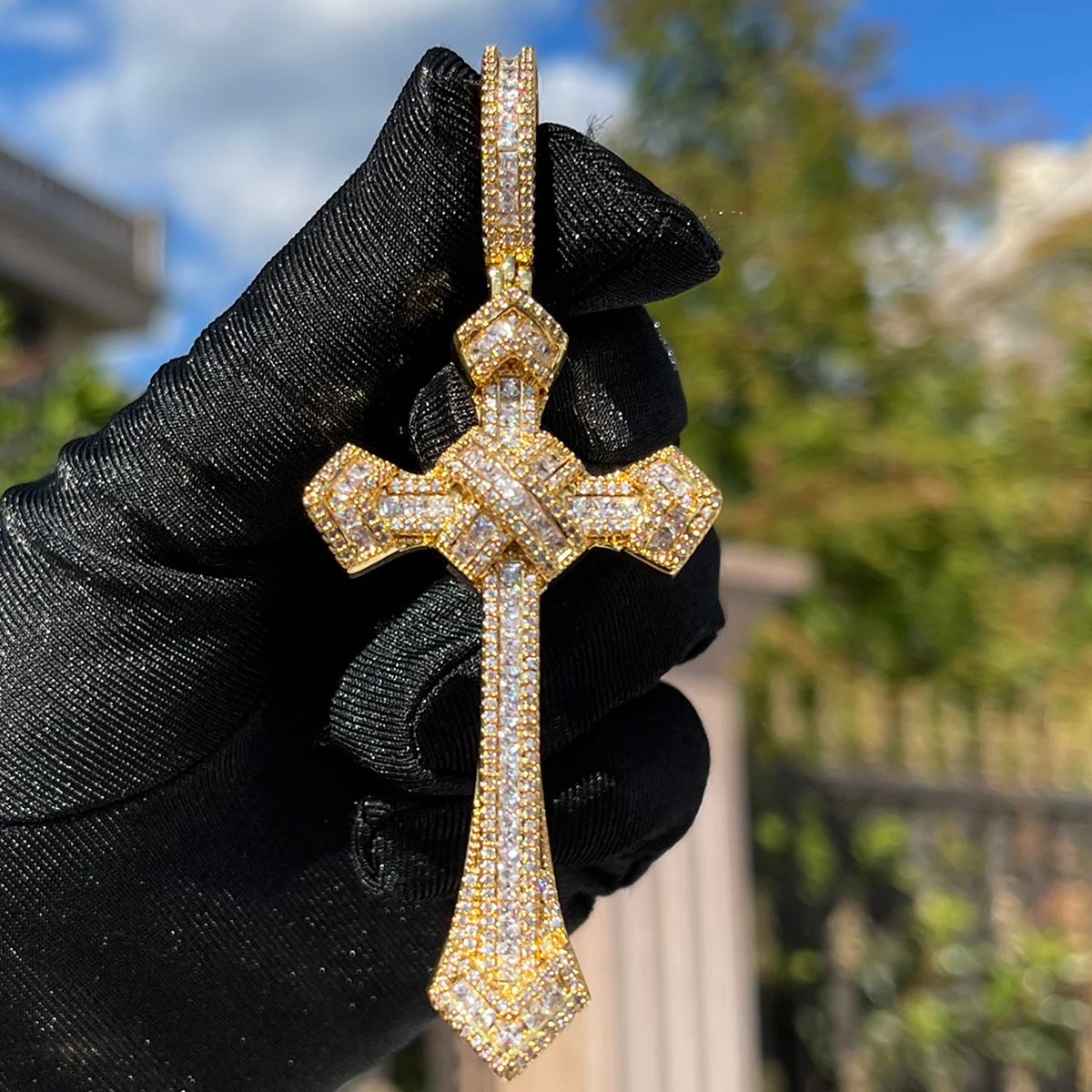 Bubble Letter Iced Out Cross Necklace for Men Baguette Pendant Prong Setting Real Gold Plated Copper Material Hip Hop Jewelry