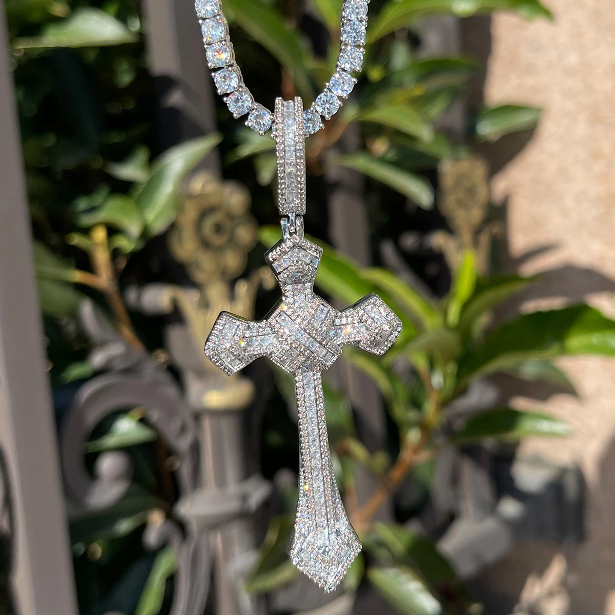 Bubble Letter Iced Out Cross Necklace for Men Baguette Pendant Prong Setting Real Gold Plated Copper Material Hip Hop Jewelry