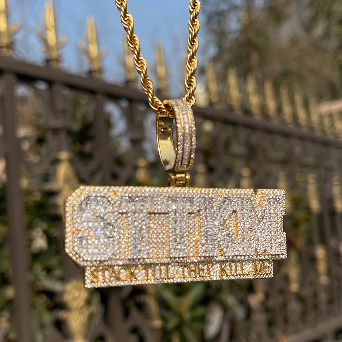 Bubble Letter Iced Out Necklace for Men Stack Till They Kill Me Pendant 5A Cubic Ziconia Real Gold Plated Hip Hop Jewelry