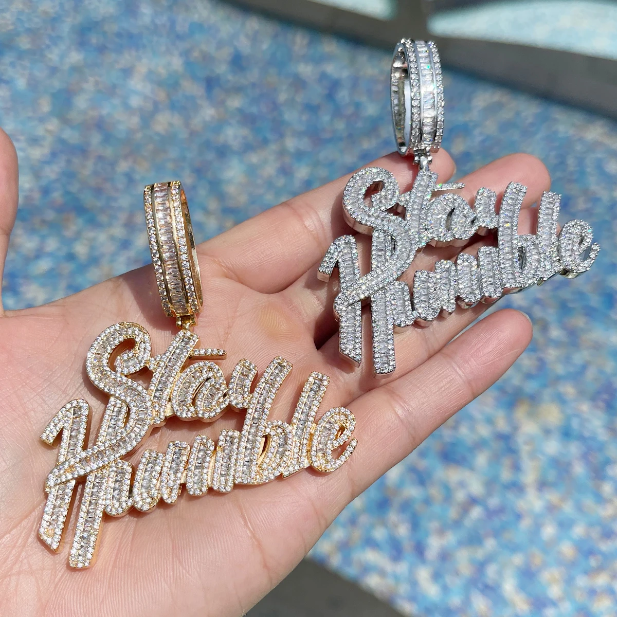 Bubble Letter Stay Humble Necklace for Men Iced Out Pendant Real Gold Plated Cubic Zirconia Hip Hop Jewelry