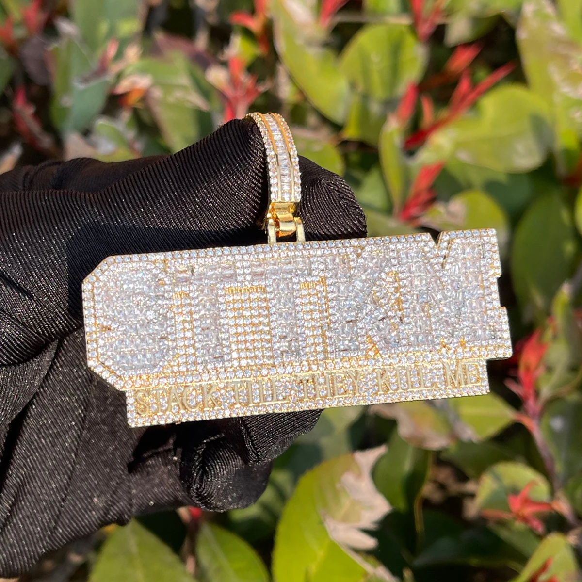 Bubble Letter Iced Out Necklace for Men Stack Till They Kill Me Pendant 5A Cubic Ziconia Real Gold Plated Hip Hop Jewelry