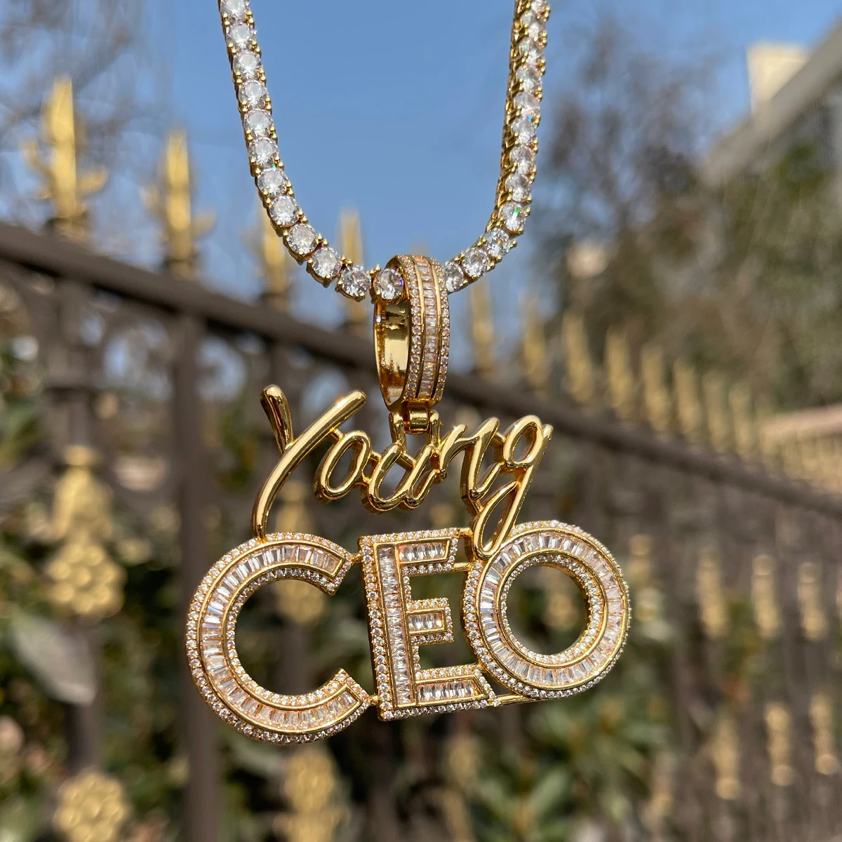 Bubble Letter Iced Out Young CEO Necklace for Men High Quality 5A Cubic Zirconia Real Gold Plated Hip Hop Jewelry