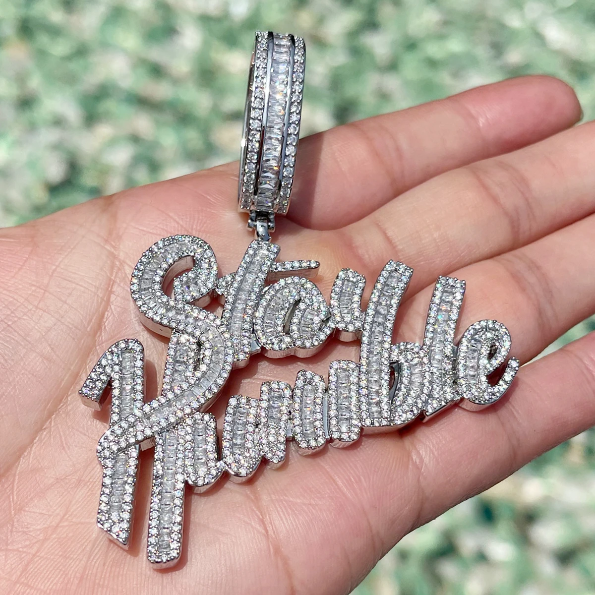 Bubble Letter Stay Humble Necklace for Men Iced Out Pendant Real Gold Plated Cubic Zirconia Hip Hop Jewelry