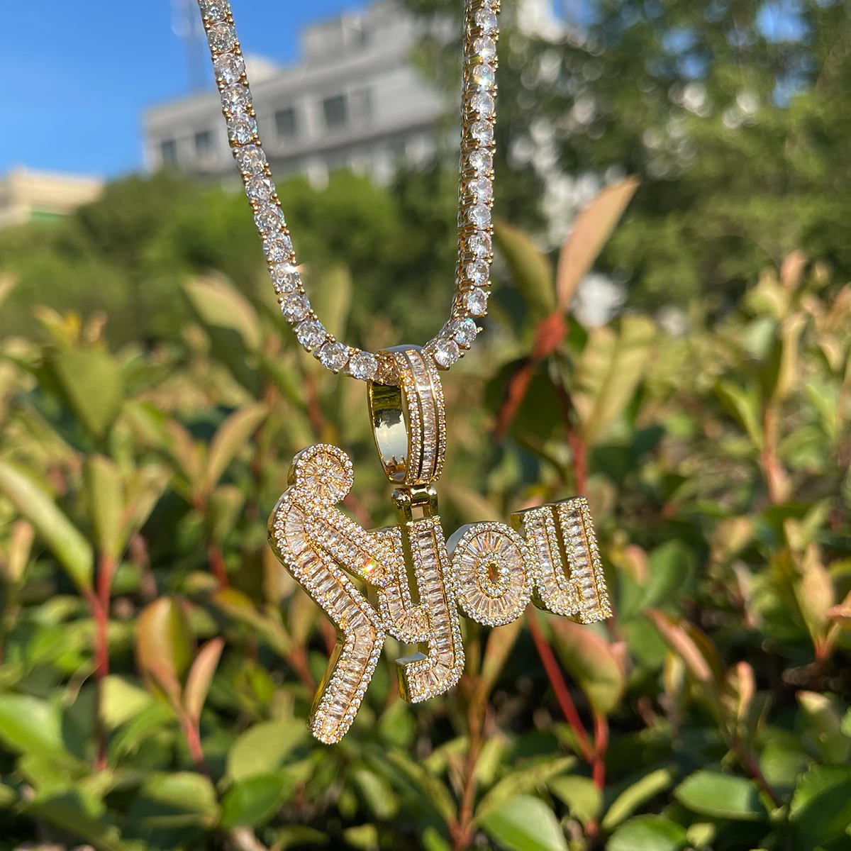 Bubble Letter Iced Out Necklace for Men Baguette Prong Setting Pendants Real Copper Cubic Zirconia Hip Hop Jewelry