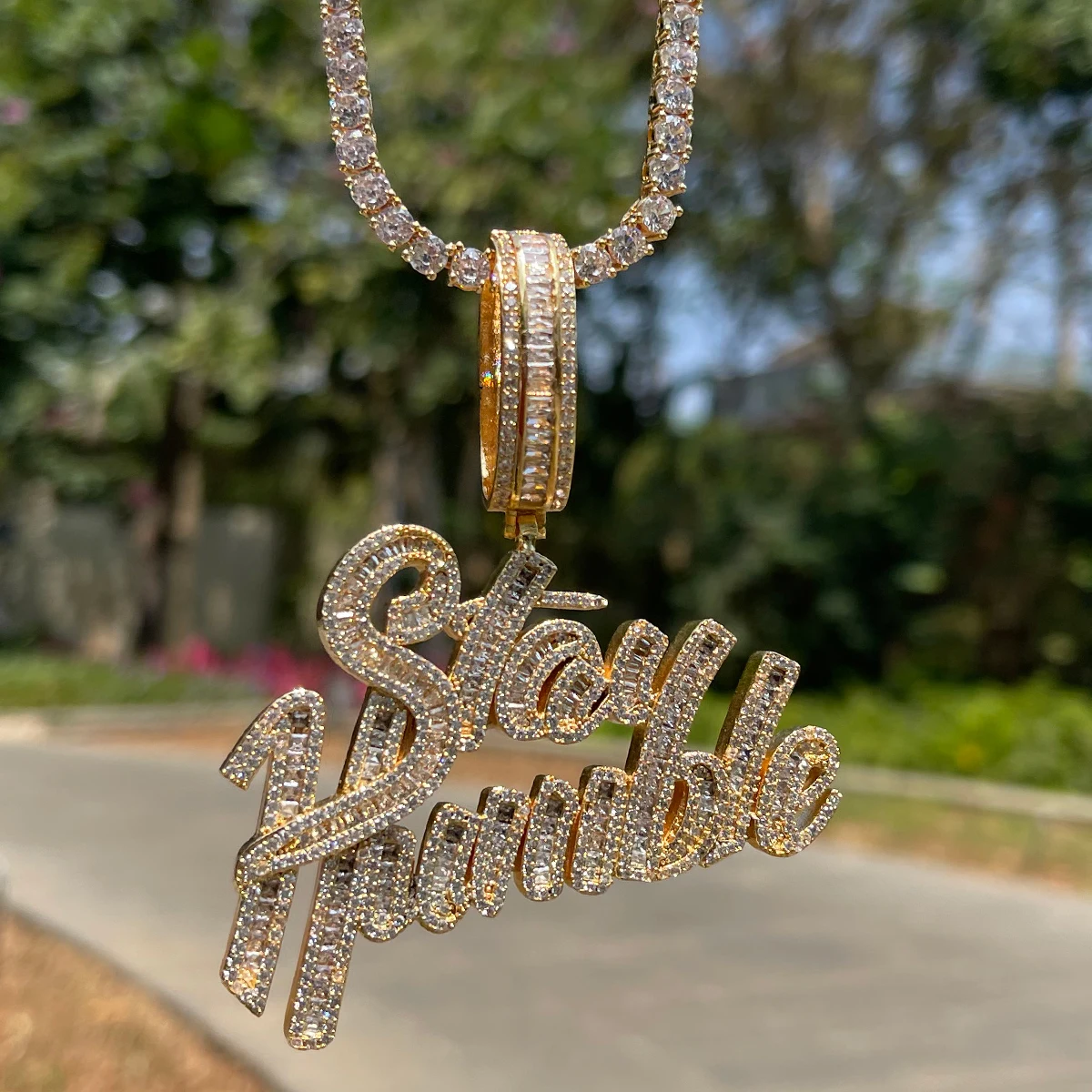 Bubble Letter Stay Humble Necklace for Men Iced Out Pendant Real Gold Plated Cubic Zirconia Hip Hop Jewelry
