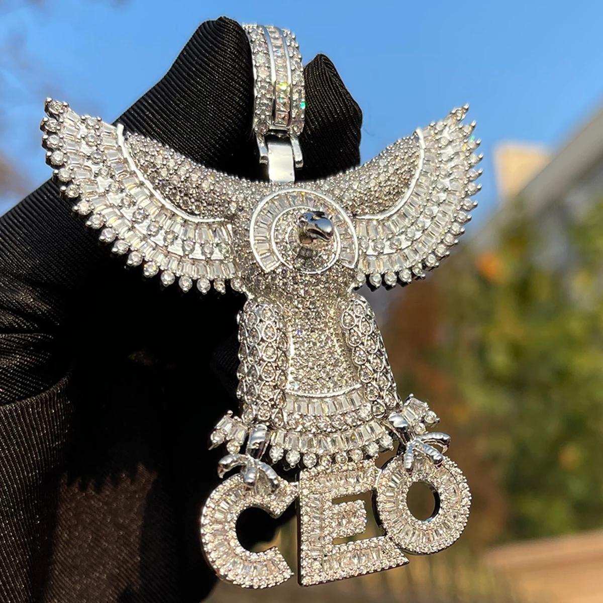 Bubble Letter Iced Out Big Eagle CEO Pendant Baguette Necklace for Men Real Gold Plated Cubic Zirconia Hip Hop Jewelry