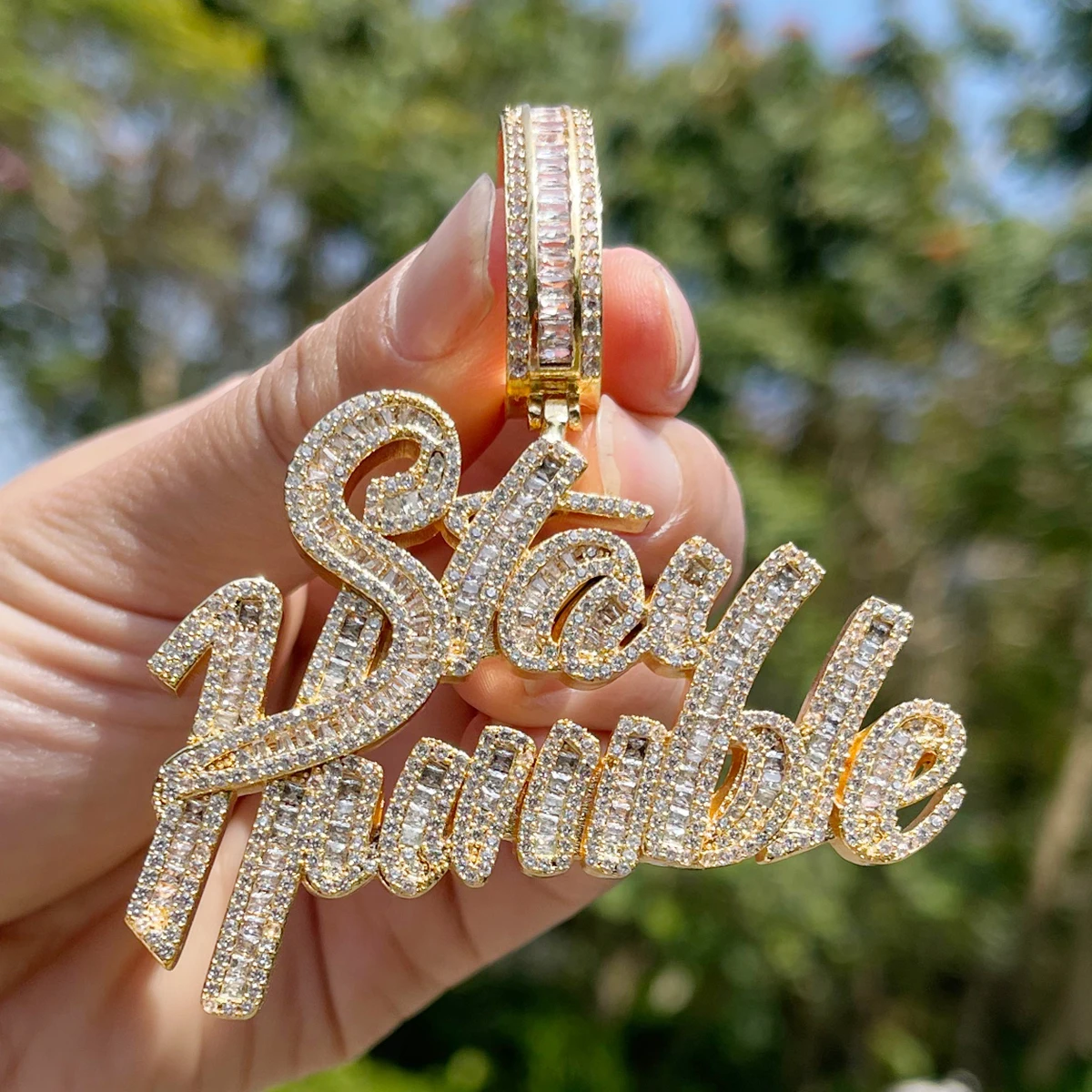 Bubble Letter Stay Humble Necklace for Men Iced Out Pendant Real Gold Plated Cubic Zirconia Hip Hop Jewelry