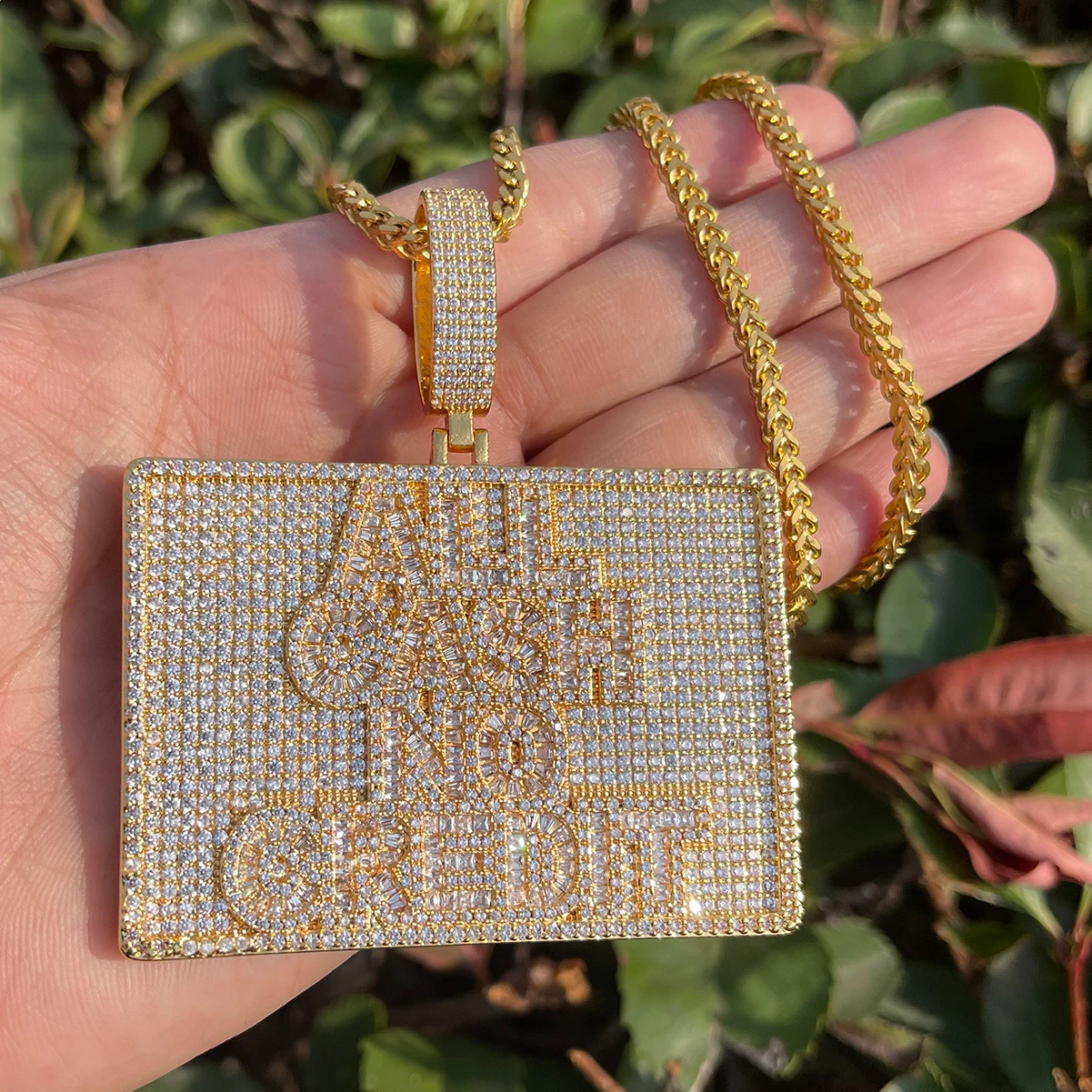 Bubble Letter Iced Out All Cash No Credit Necklace Pendant for Men Real Gold Plated Hip Hop Jewelry