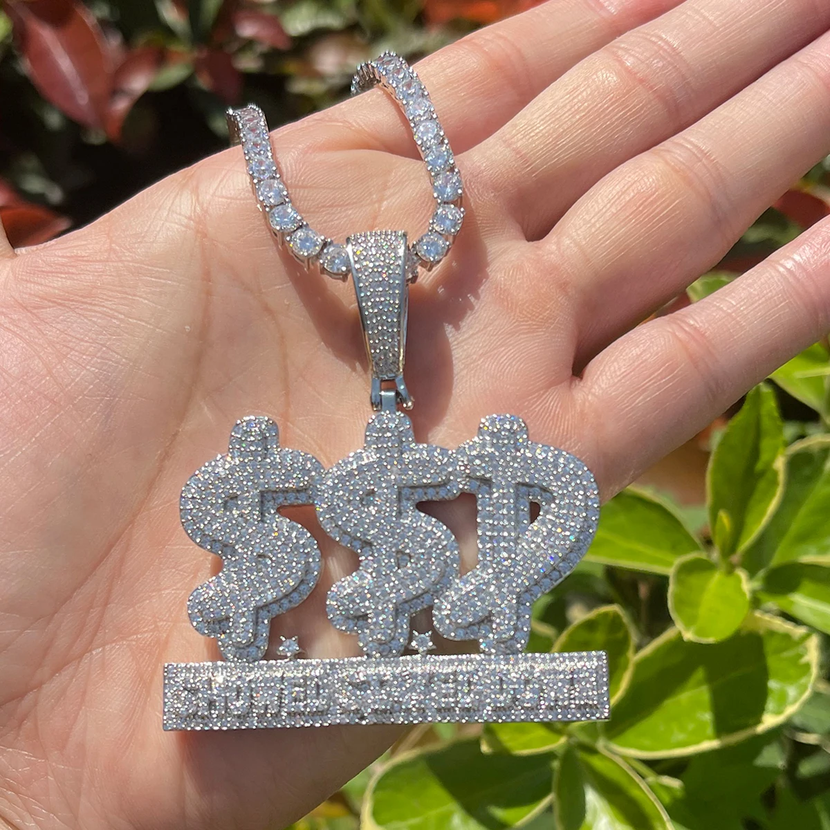 Bubble Letter Prong Necklace for Men Iced Out Pendant Big Bag Chase Charms Hip Hop Jewelry