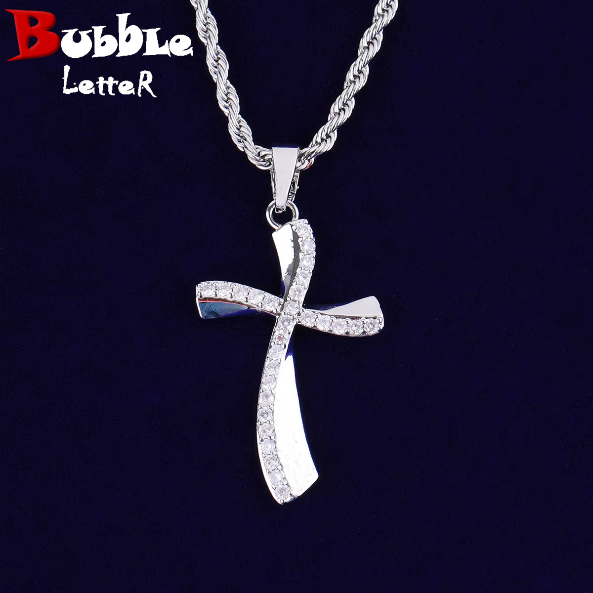 Bubble Letter Crooked Cross Necklace Pendant for Women Prong Setting Cubic Zirconia Hip Hop Jewelry
