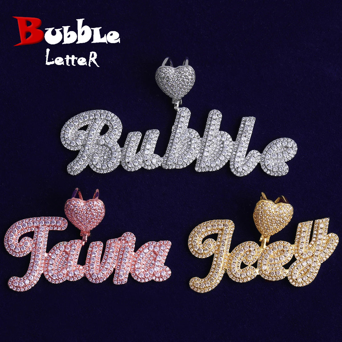 Bubble Letter Iced Out Custom Name Necklace Pendant for Men Heart Bail Real Gold Plated Hip Hop Jewelry