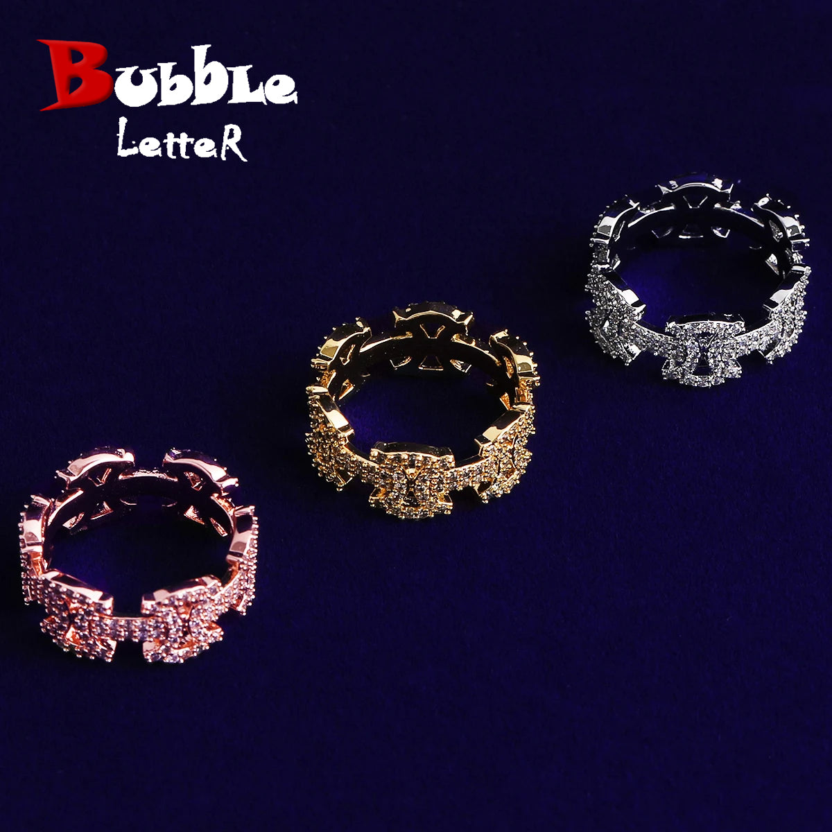 Bubble Letter Iced Out Templar Ring for Men Real Gold Plated Cubic Zirconia Hip Hop Jewelry
