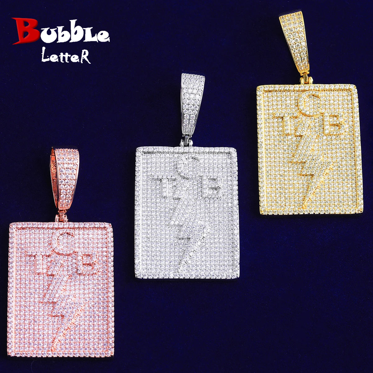 Bubble Letter Iced Out TCB Lighting Bolt Necklace Pendant for Men Prong Setting Real Gold Plated Hip Hop Jewelry