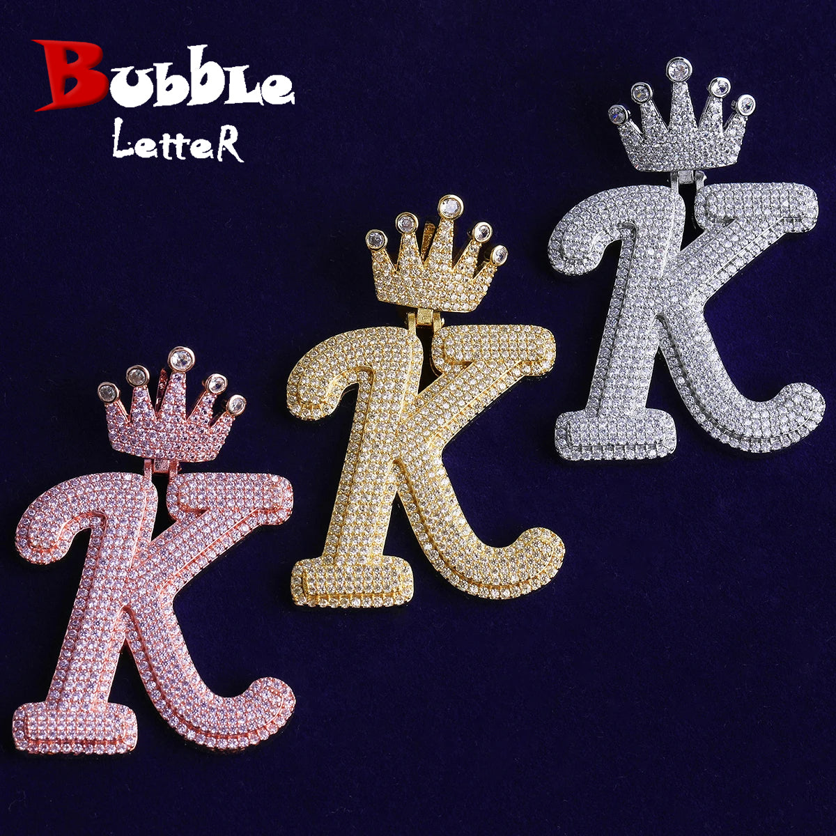 Bubble Letter Iced Out Initial Letter K Crown Bail for Men Necklace Pendant Real Gold Plated Cubic Zirconia Hip Hop Jewelry