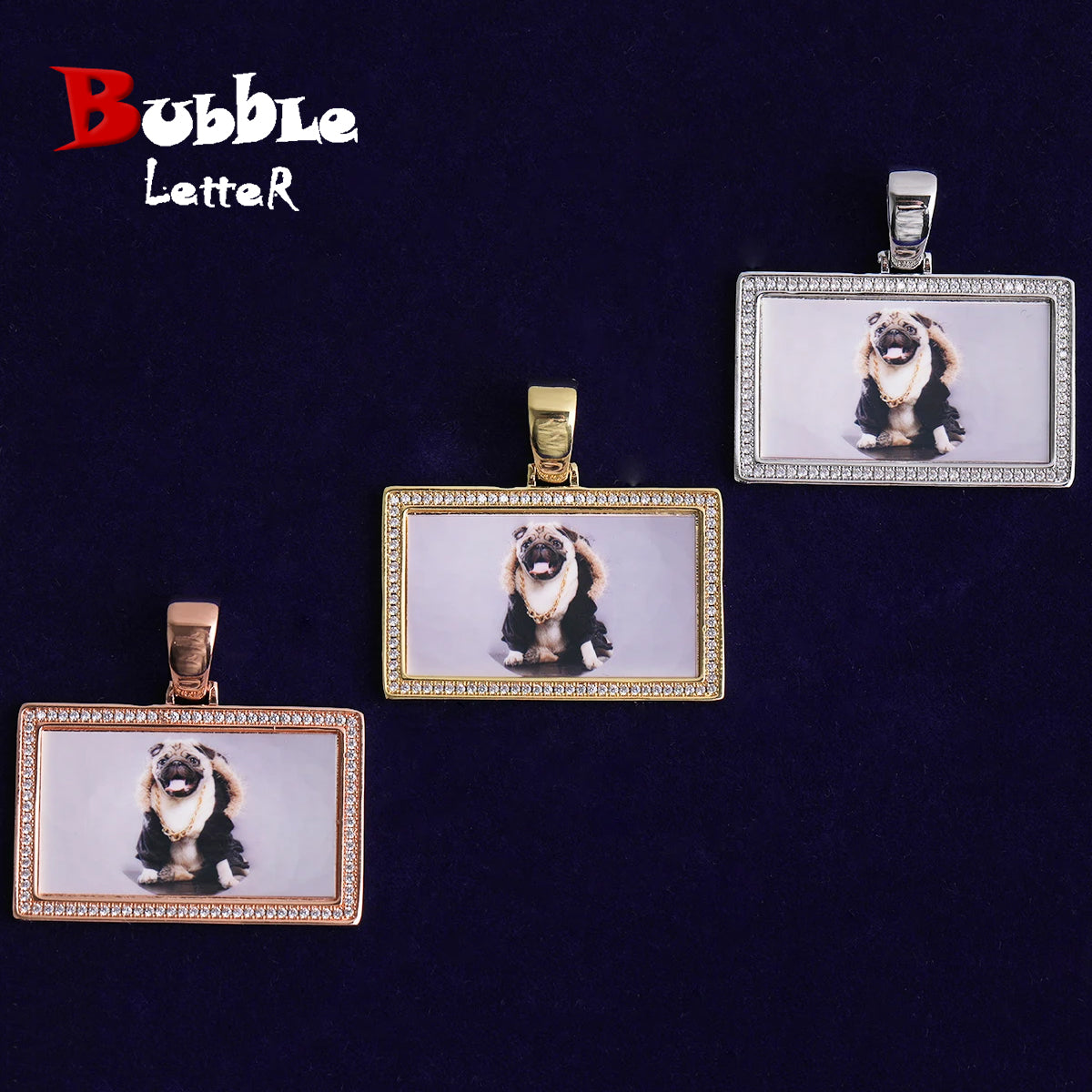 Bubble Letter Iced Out Rectangle Custom Photo Necklace Pendant for Men Real Gold Plated Cubic Zirconia Hip Hop Jewelry