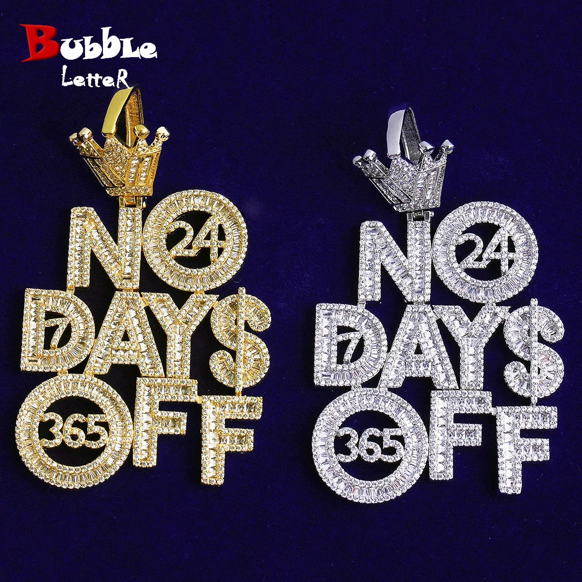 Bubble Letter Iced Out No Days Off Crown Bail Necklace Pendant for Men Prong Setting Real Gold Plated Hip Hop Jewelry