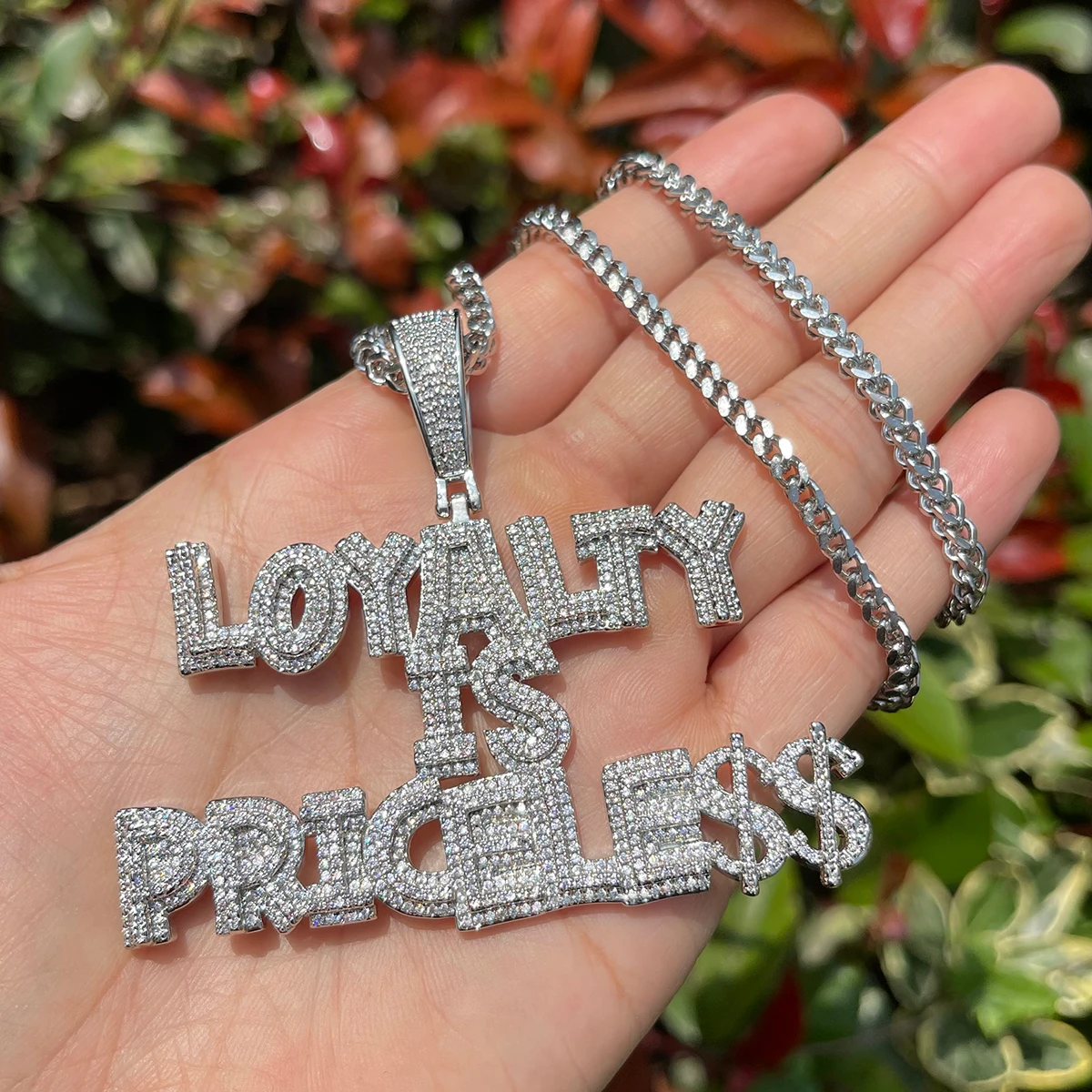 Bubble Letter Prong Setting Necklace for Men Iced Out Loyalty Is Priceless Pendant Hip Hop Jewelry