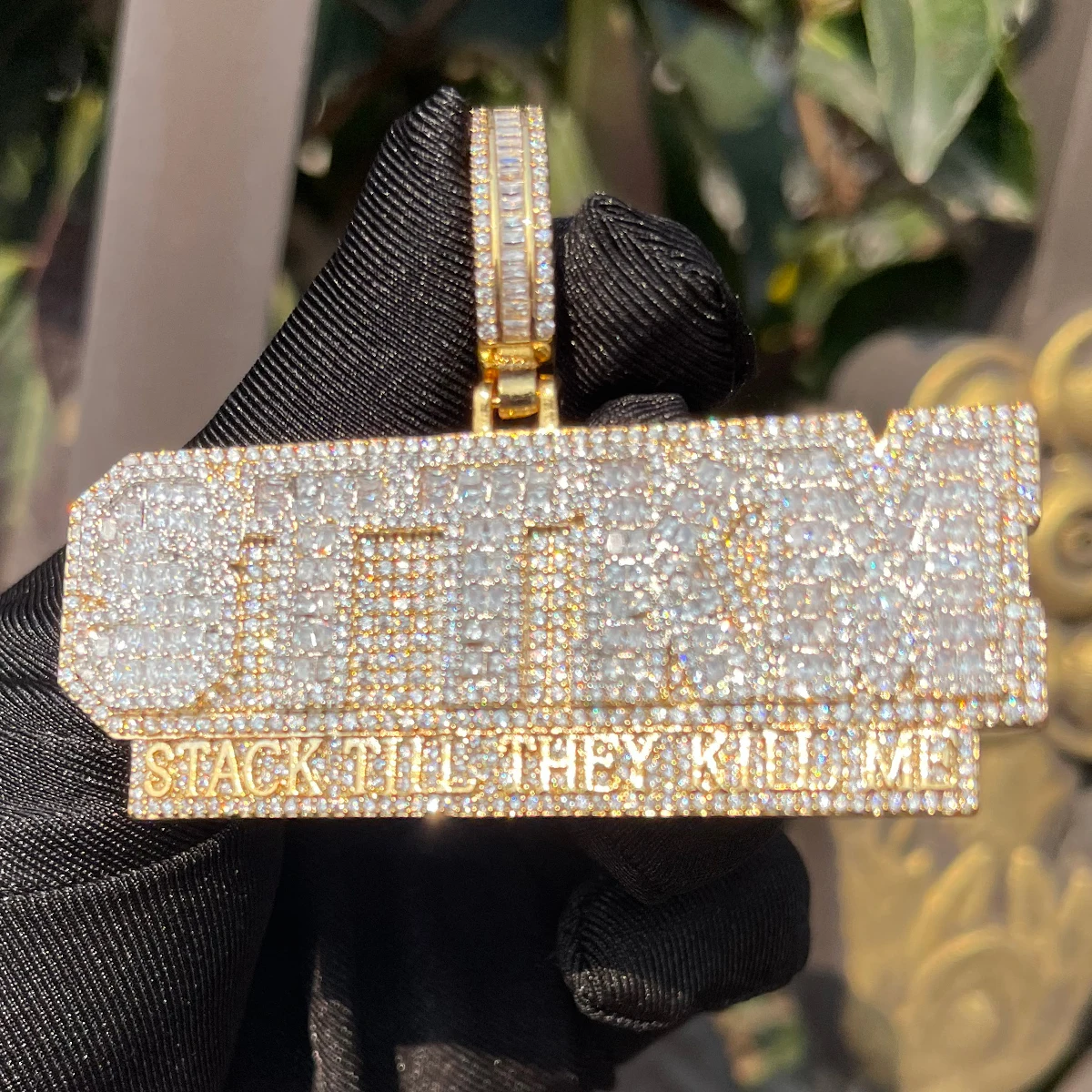 Bubble Letter Iced Out Necklace for Men Stack Till They Kill Me Pendant 5A Cubic Ziconia Real Gold Plated Hip Hop Jewelry