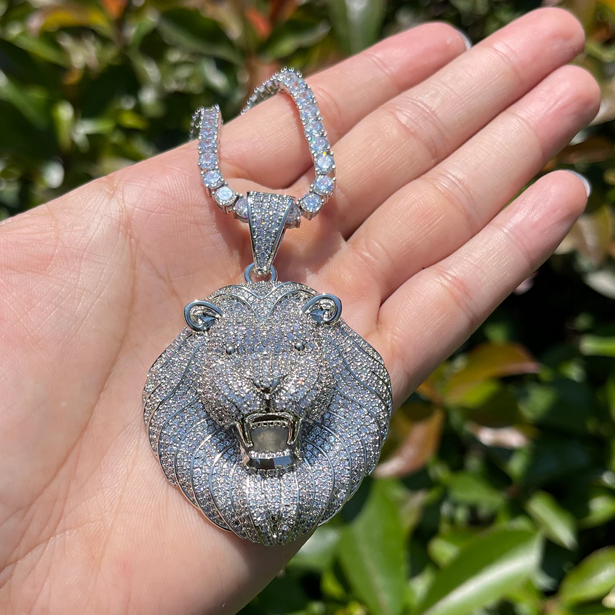 Bubble Letter Iced Out Lion Head Necklace Prong Pendant Cubic Zirconia Real Gold Plated Hip Hop Jewelry