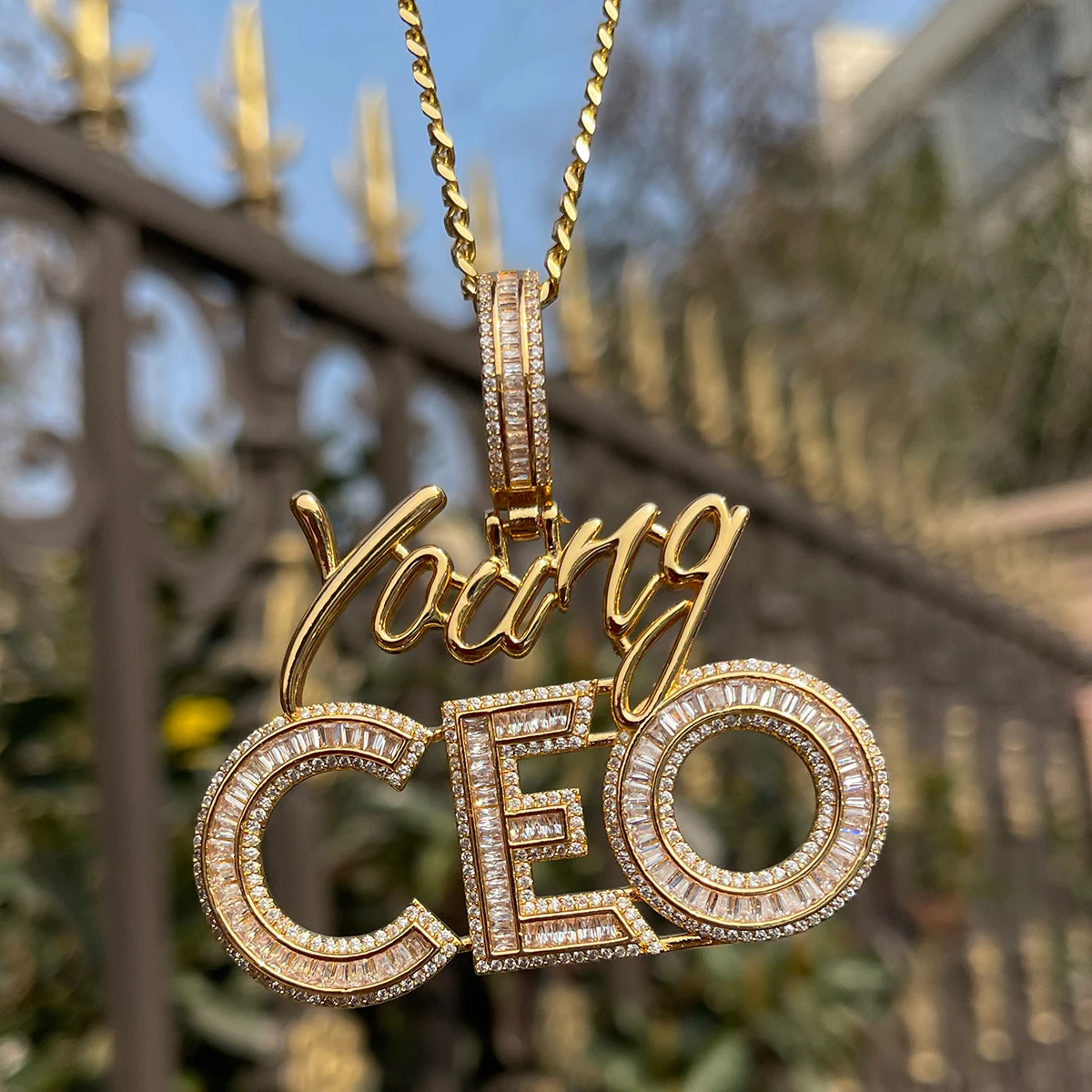 Bubble Letter Iced Out Young CEO Necklace for Men High Quality 5A Cubic Zirconia Real Gold Plated Hip Hop Jewelry