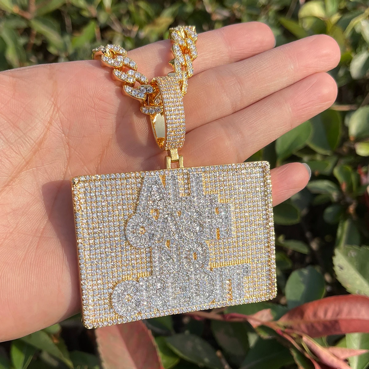 Bubble Letter Iced Out All Cash No Credit Necklace Pendant for Men Real Gold Plated Hip Hop Jewelry