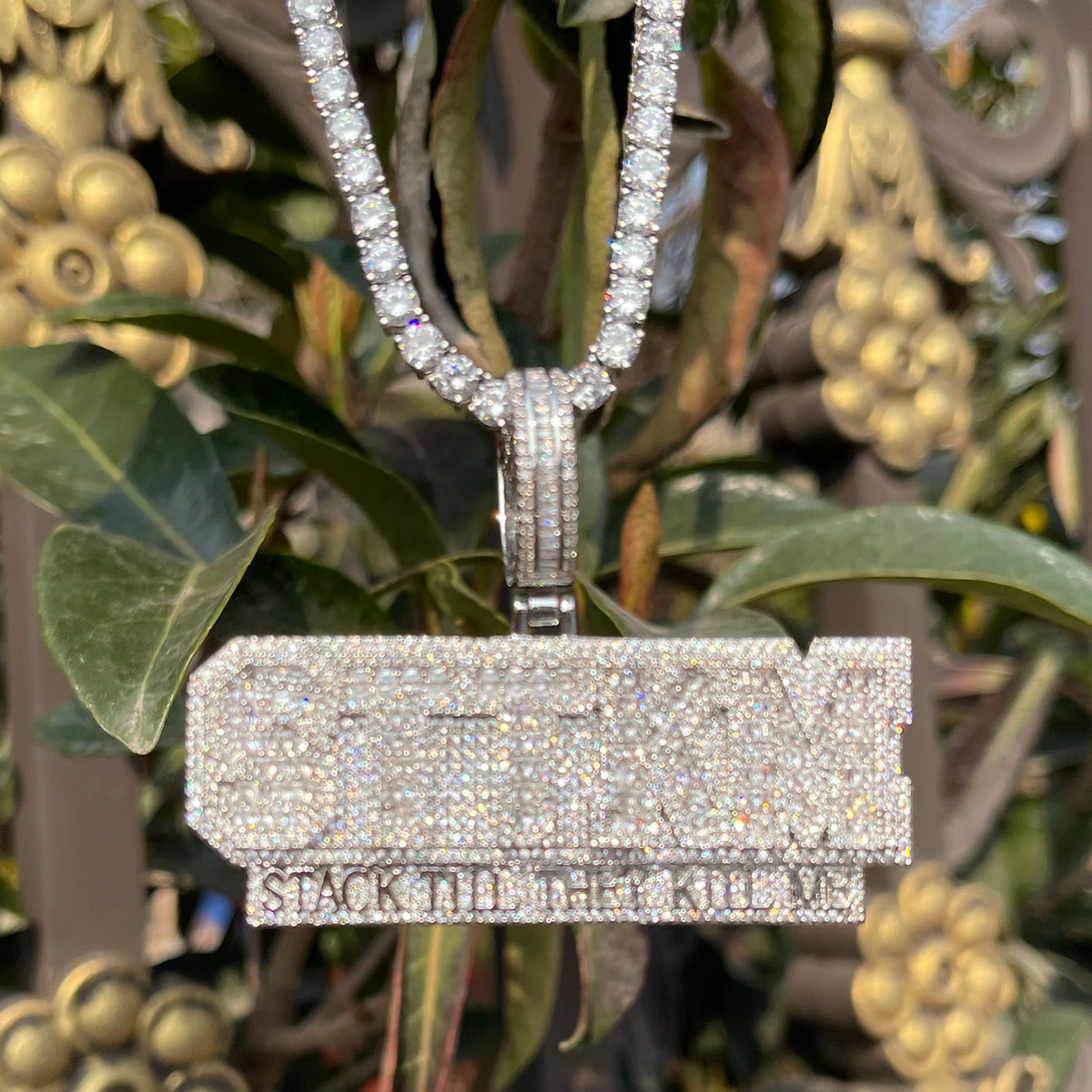 Bubble Letter Iced Out Necklace for Men Stack Till They Kill Me Pendant 5A Cubic Ziconia Real Gold Plated Hip Hop Jewelry