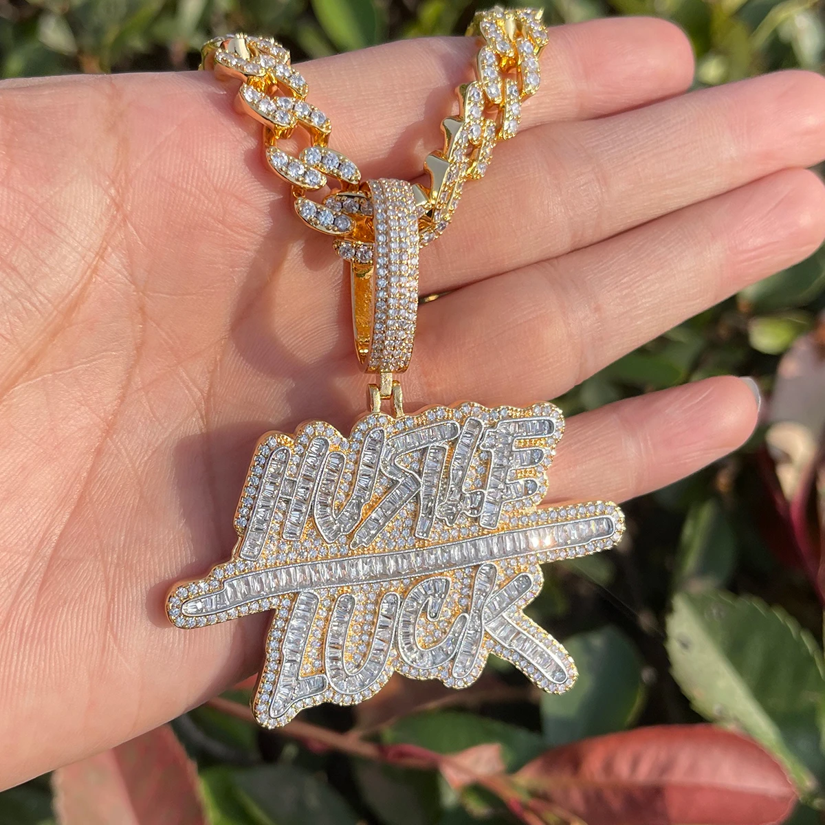 Bubble Letter Iced Out Hustle Luck Necklace Pendant for Men Real Gold Plated Cubic Zirconia Hip Hop Jewelry