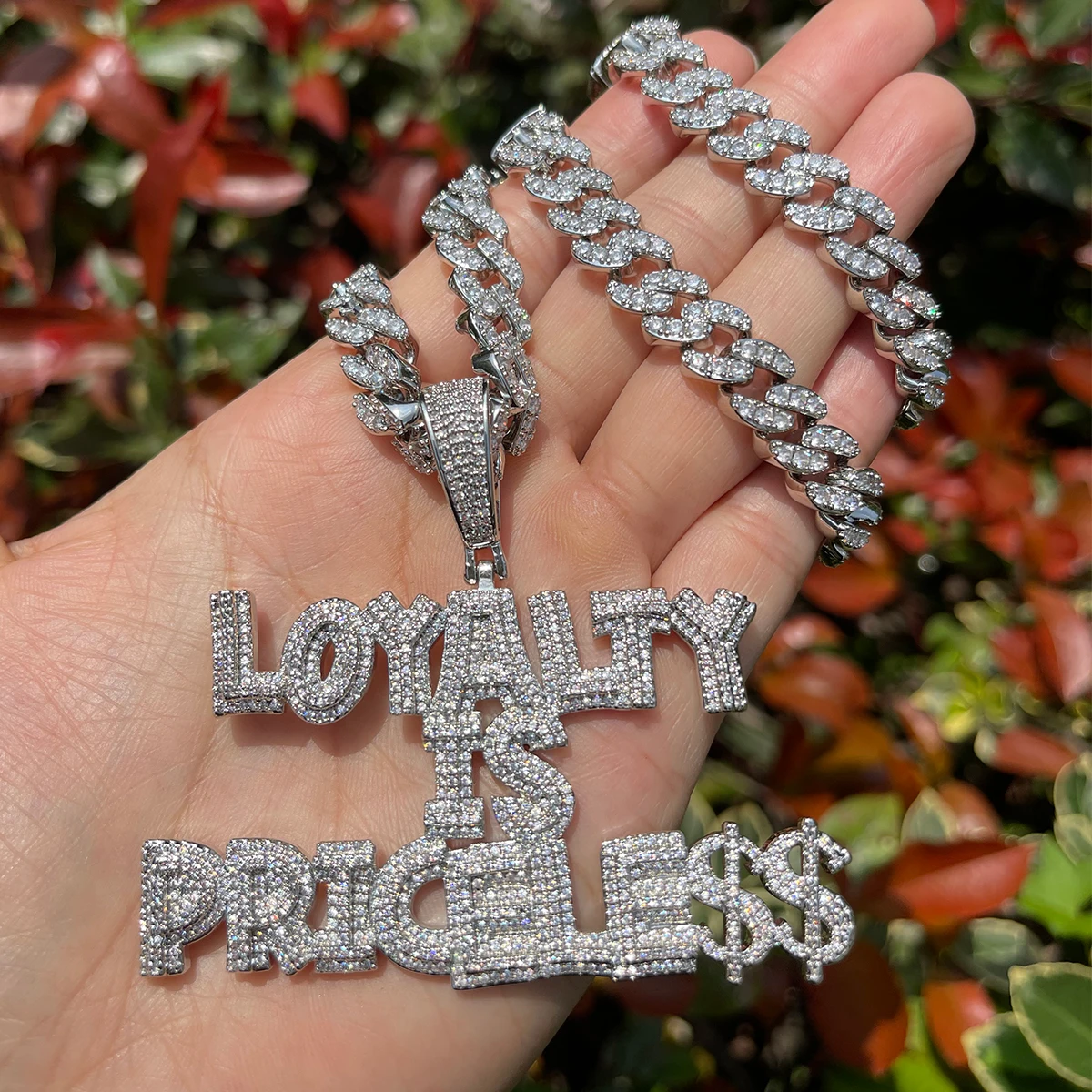 Bubble Letter Prong Setting Necklace for Men Iced Out Loyalty Is Priceless Pendant Hip Hop Jewelry