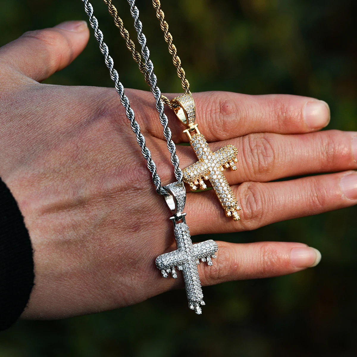 Bubble Letter Cross Necklace for Men Drippy Iced Out Pendant Real Gold Plated Hip Hop Jewelry