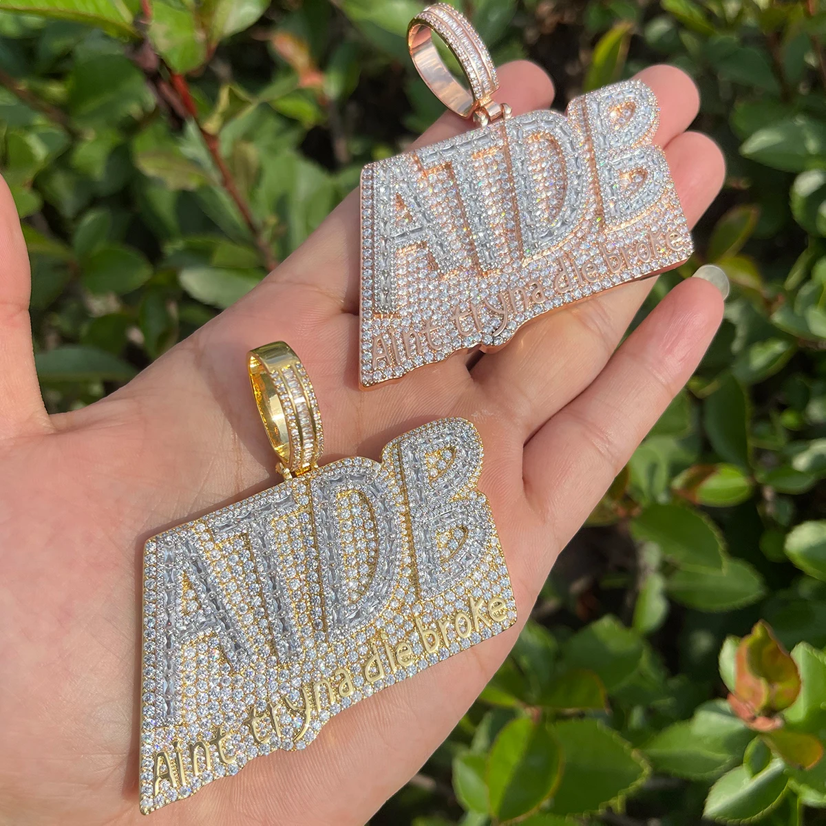 Bubble Letter Iced Out Necklace for Men Prong Setting Pendant Cubic Zirconia Real Gold Plated Hip Hop Jewelry