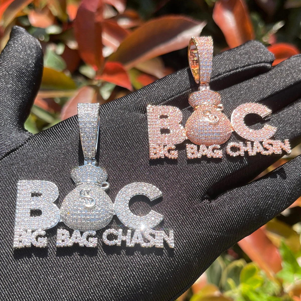 Bubble Letter Prong Necklace for Men Iced Out Pendant Big Bag Chase Charms Hip Hop Jewelry