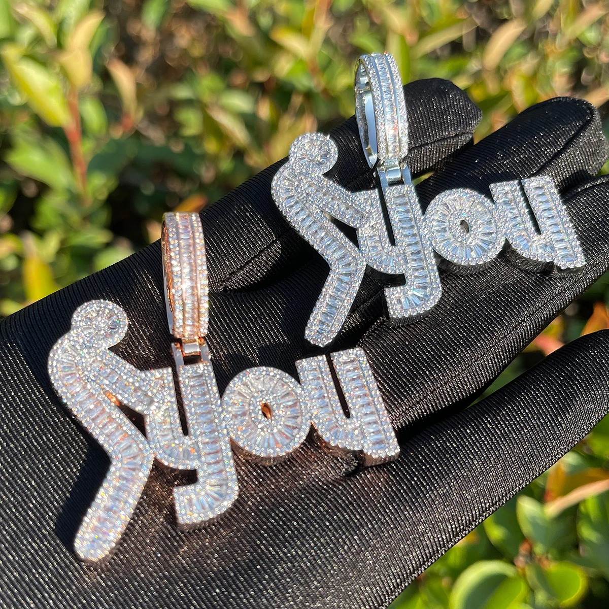 Bubble Letter Iced Out Necklace for Men Baguette Prong Setting Pendants Real Copper Cubic Zirconia Hip Hop Jewelry