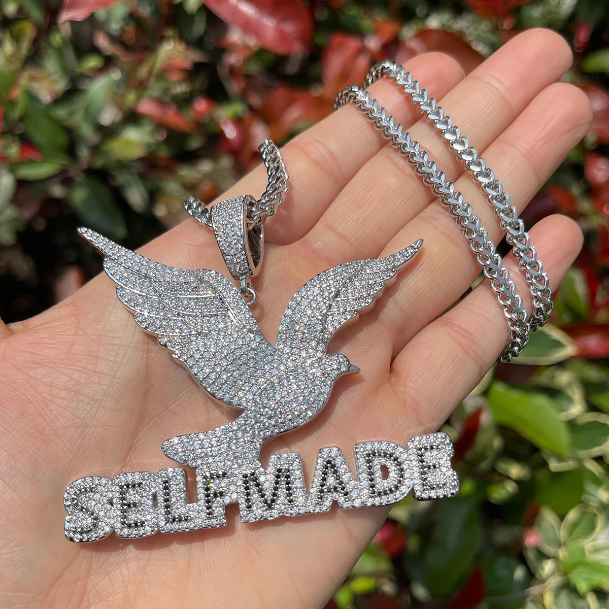 Bubble Letter Self Made Peace Dove Necklace for Men Iced Out Prong Setting Pendant Cubic Zirconia Hip Hop Jewelry