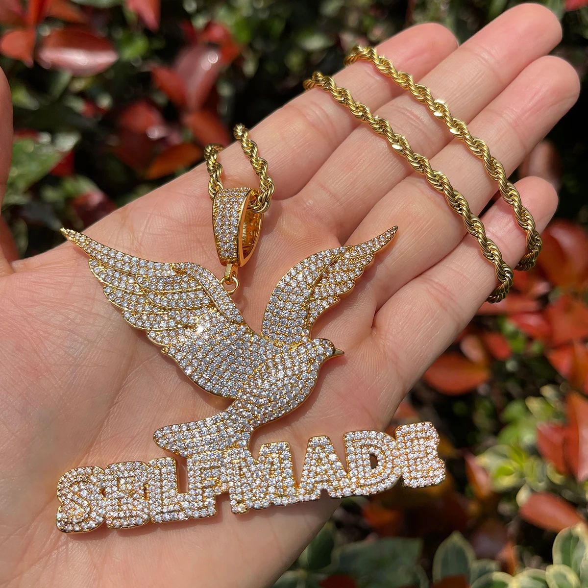 Bubble Letter Self Made Peace Dove Necklace for Men Iced Out Prong Setting Pendant Cubic Zirconia Hip Hop Jewelry