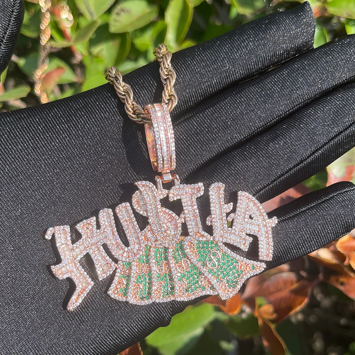 Bubble Letter Iced Out Necklace for Men Hustle US Dollar Pendant Prong Setting Real Gold Plated Hip Hop Jewelry