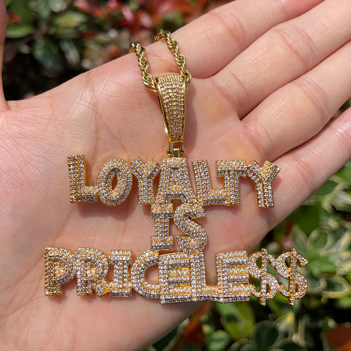 Bubble Letter Prong Setting Necklace for Men Iced Out Loyalty Is Priceless Pendant Hip Hop Jewelry