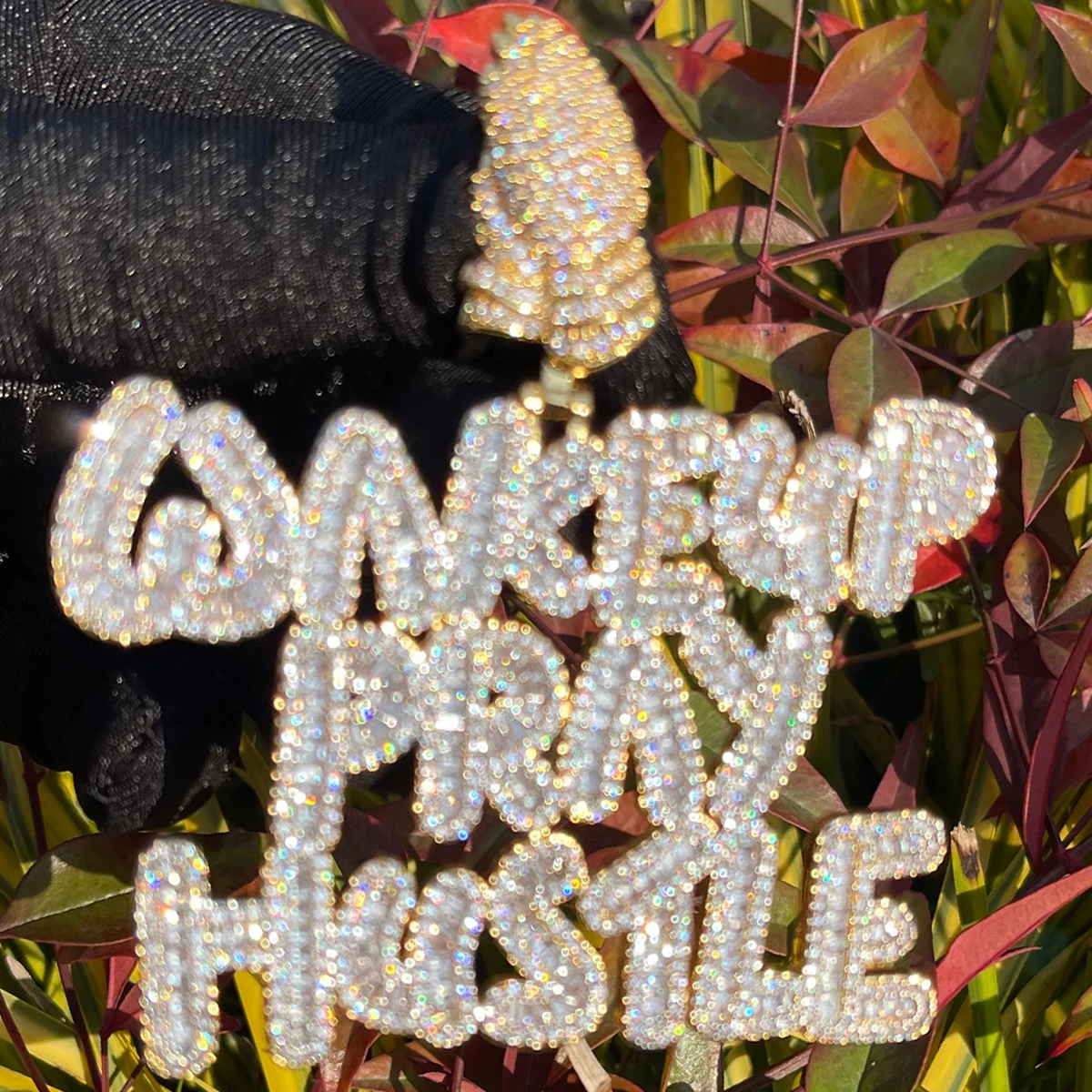 Bubble Letter Two Tone Wake Up Pray Hustle Pendant Iced Out Necklace for Men Prong Setting Bling Real Copper Hip Hop Jewelry