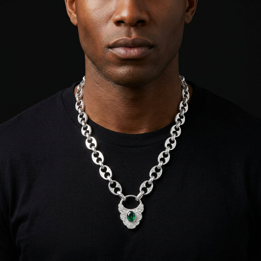 Bubble Letter Luxury Chain Necklace for Women with Emerald Pendant Real Gold Plated Copper Cubic Zirconia Hip Hop Jewelry