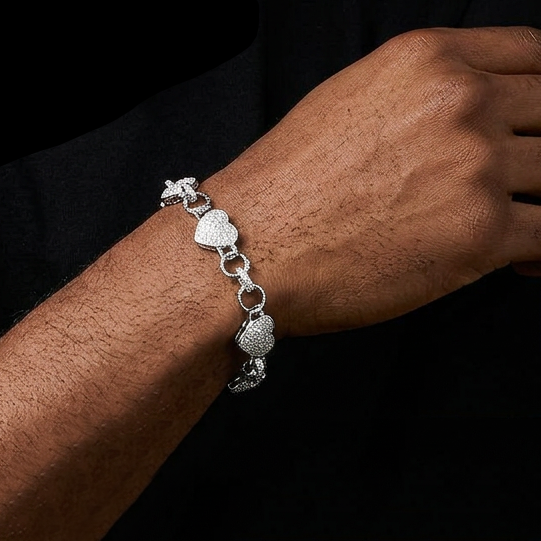 Bubble Letter Belcher Heart Link Bracelet for Men Real Gold Plated Copper Cubic Zirconia Hip Hop Jewelry